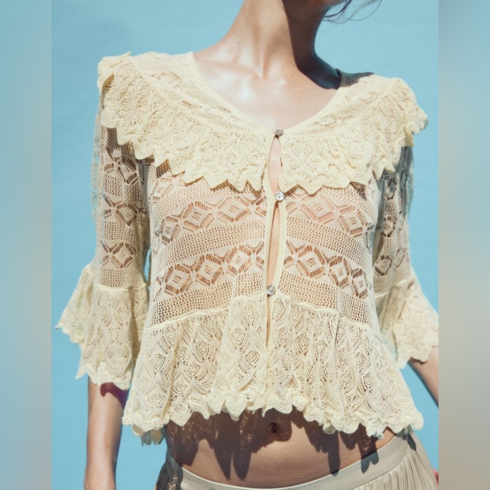 ZARA NWT POINTELLE KNIT BLOUSE WITH RUFFLES SIZE M ref 2893/073 boho cottage